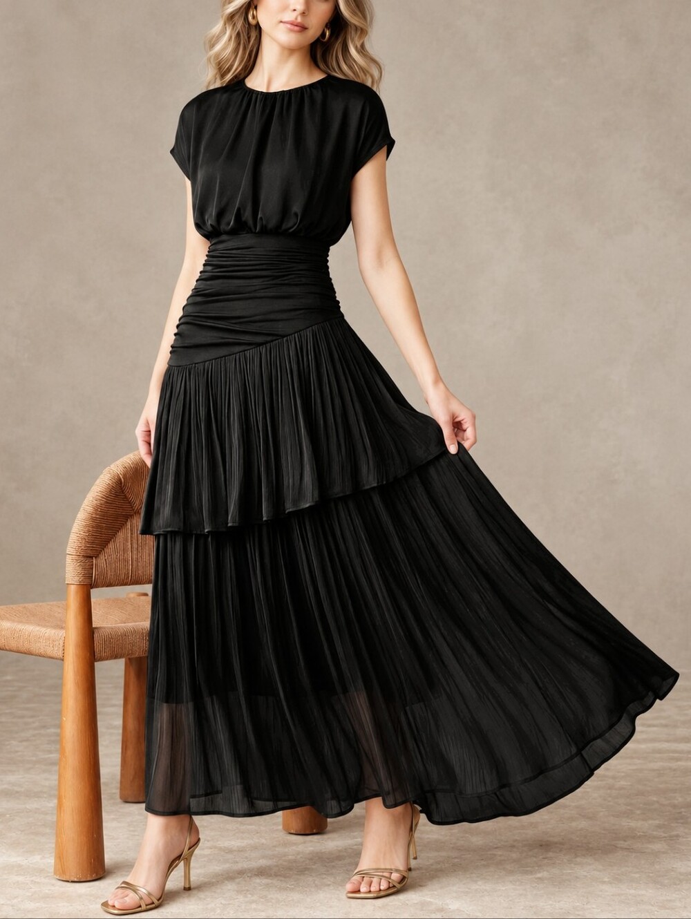 New Luxe Ruched Blouson Dropped Waist Tiered Maxi Dress Black - Picture 5 of 13